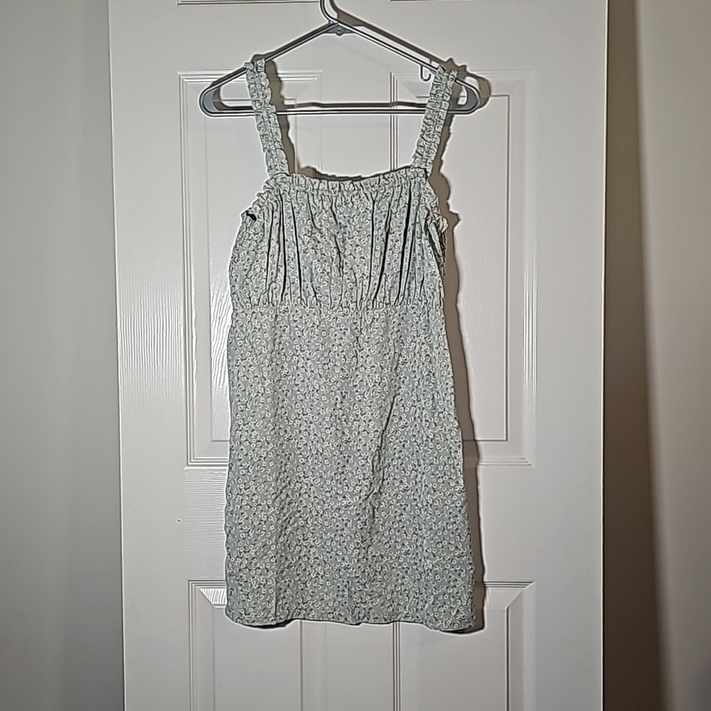 Very J Floral Print Sundress Sleeveless Cinched Bust Blue Yellow Ruffle Size M